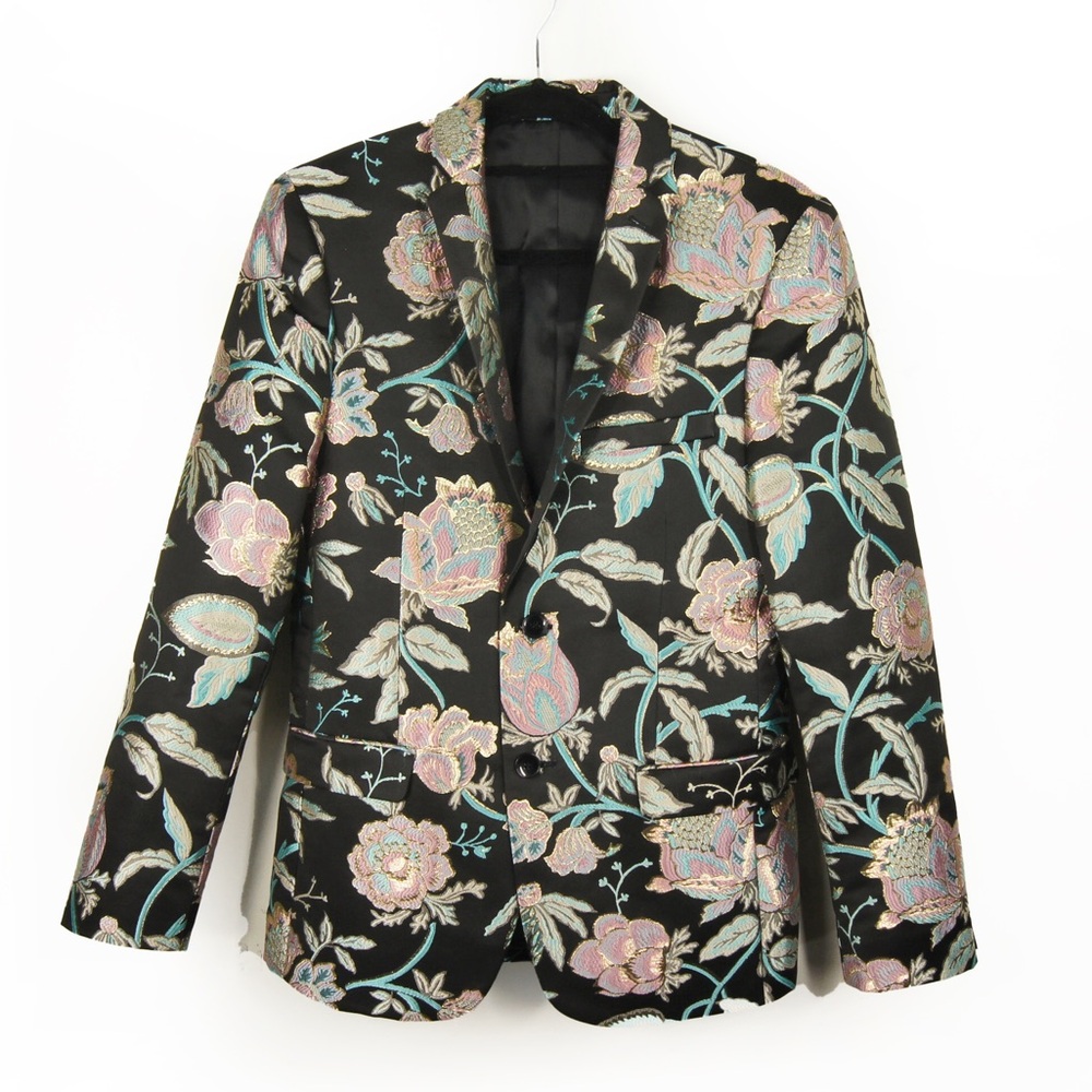 Grafton Embroidered Floral Black Satin Blazer Jacket